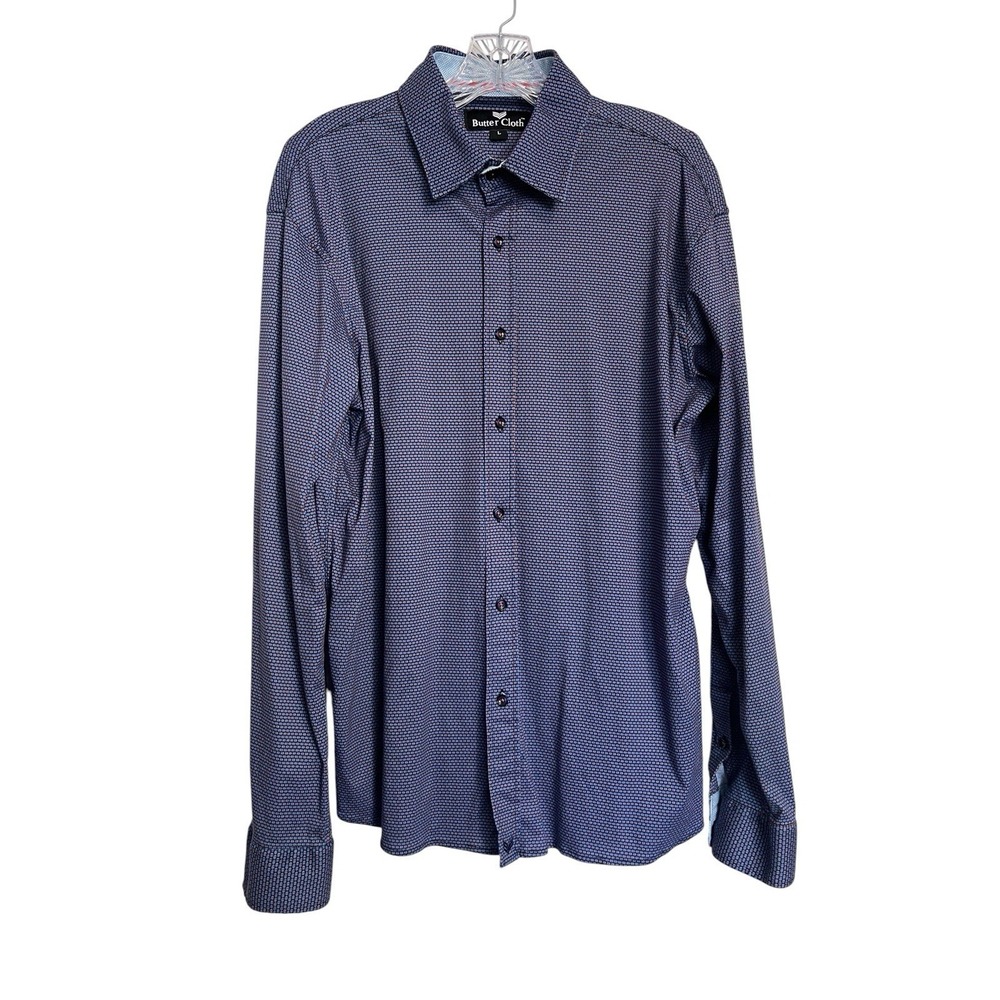 Butter Cloth Sz L Shirt Blue Geometric Circle Pattern Button Up‎ Flip Cuff